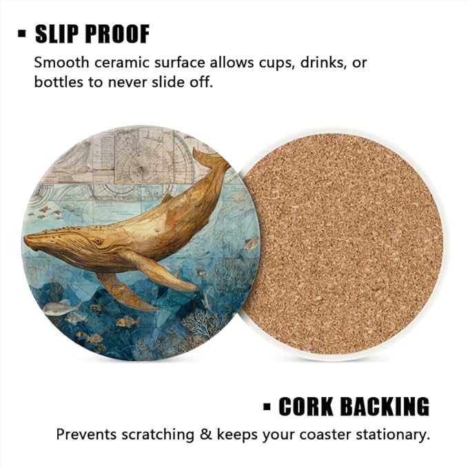 Absorbent Beach Coasters Set of 6 Retro Marine Creatures Coasters Cork Base Tabletop Protection,Home Coast Nautical Coasters for Bar Kitchen Decor Suitable for Wooden Table Coffee Tables,Desks