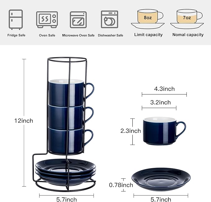 Meichu 8oz Porcelain Stackable Cappuccino Cups with Saucers and Metal Stand Set of 4, Cappuccino Cups Set of 4, Blue Coffee Cups for Espresso, Specialty Coffee Drinks, Latte, Americano and Tea