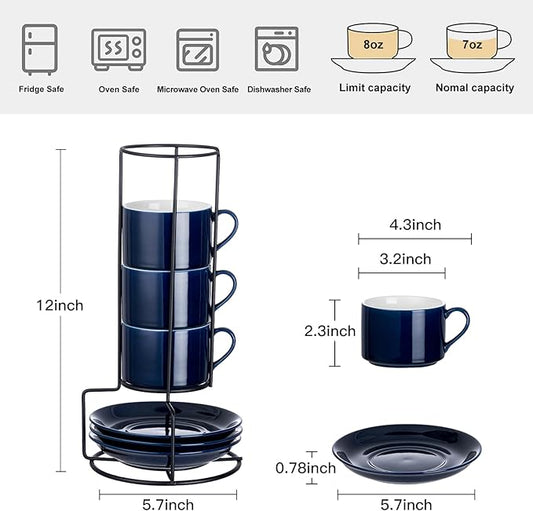Meichu 8oz Porcelain Stackable Cappuccino Cups with Saucers and Metal Stand Set of 4, Cappuccino Cups Set of 4, Blue Coffee Cups for Espresso, Specialty Coffee Drinks, Latte, Americano and Tea