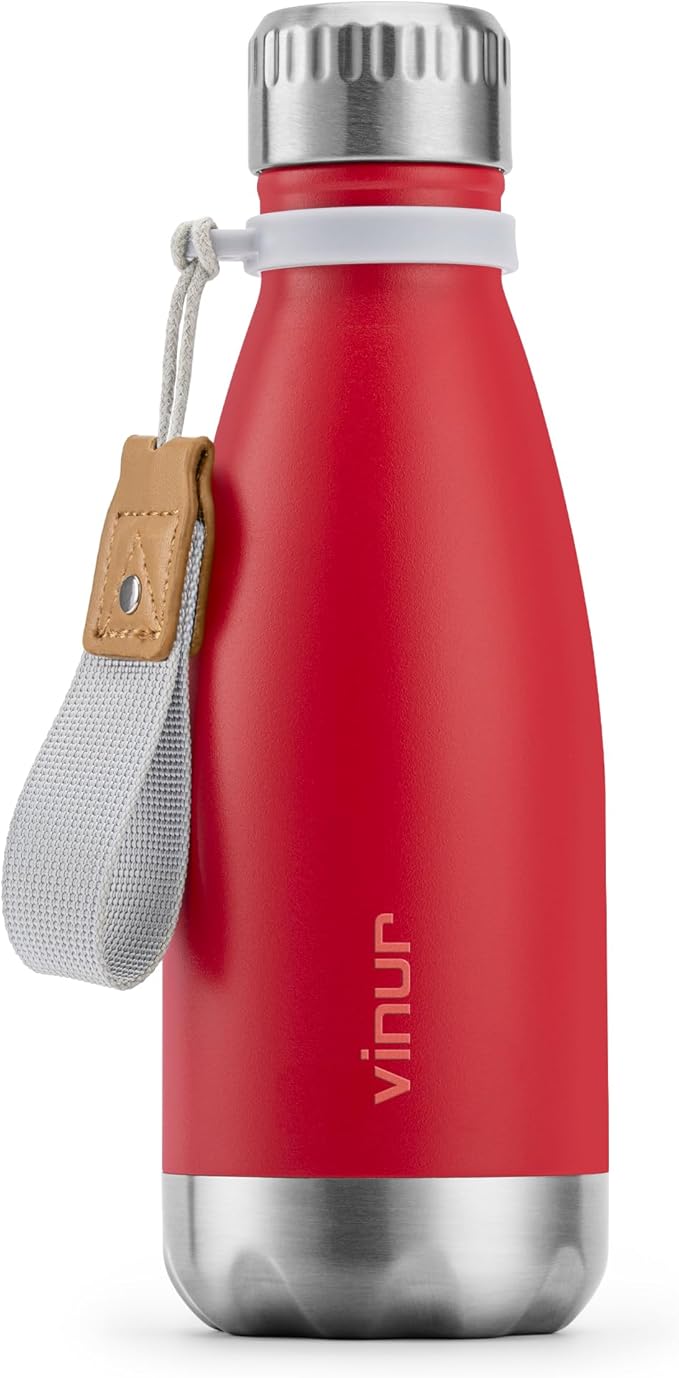 VINUR Kids Water Bottle-12 oz Stainless Steel Double Wall Vacuum Insulated Water Bottle for School-Cola Shape Flask with Carry Rope(Canyon Red)