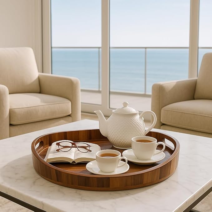Acacia Wood Serving Tray with Handles, Premium Coffee Table Decor, 16.5”x12.5”, Oval Design, Breakfast in Bed, Decorative Ottoman Tray for Living Room, Serving Platter, Coffee Table, Candle Display