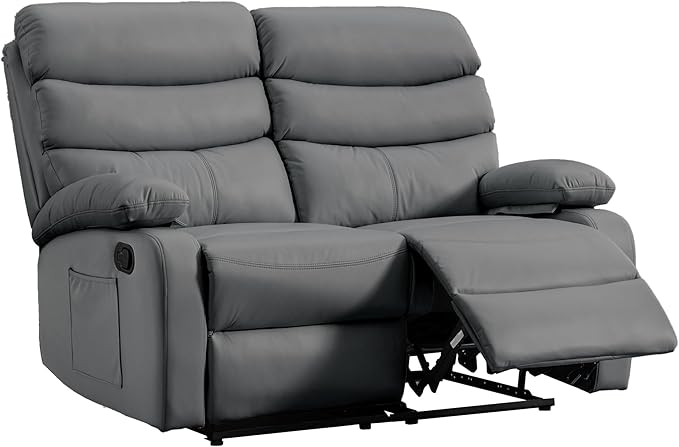 Reclining Loveseat, Anti-Scratch Leather Double Recliner Sofa with Side Pocket, Wall Hugger Loveseat Recliner for Living Room, RV, Home Theater(Grey)