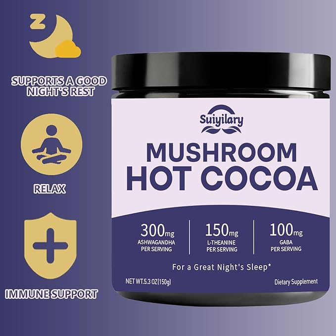 10 Mushroom Hot Cocoa for Sleep, Sugar Free Keto Cocoa Powder, Nighttime Drink,100mg Magnesium Glycinate, 100mg GABA, 150mg L-Theanine, Help Fall Asleep and Stay Asleep, 15 Servings