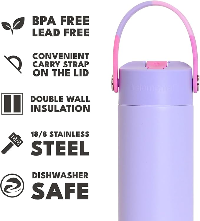 Elemental 24oz Insulated Water Bottle with Straw - 100% Leak-Proof Stainless Steel Core Water Bottles for Travel, Sports and Gym - Double Wall Insulation & BPA Free - Lilac Tie Dye