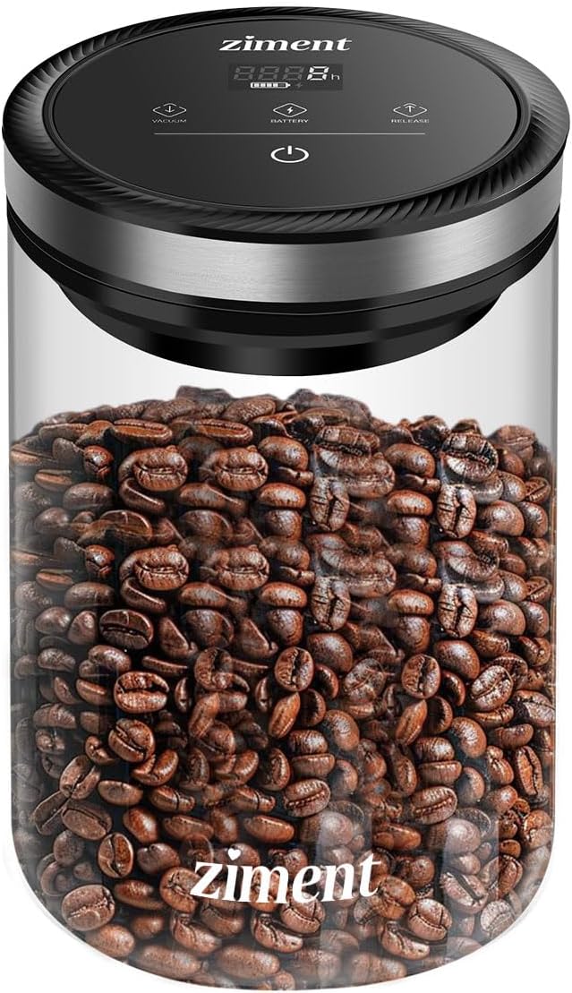 1.6L Smart Vacuum Coffee Canister, Airtight Glass Storage Container, Intelligent Air Pressure Adjustment, 4000 Hours Long Standby Time, Holds 1.1 lb/500g Coffee Beans, Tore Pasta, Snacks, Nuts