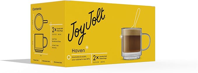 JoyJolt Haven Stackable Double Wall Glass Mugs, Set of 2 (13.5oz) Insulated Coffee Cups, Double Wall Glass Coffee Cups, Tea Cups, Latte Cups, Cappuccino Cups, Clear mugs set of 2