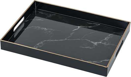 Serving Tray, Marble Plastic Food Trays for Eating on Lap Decor Coffee Tray with Handles Rectangular Non-Slip Candle Plate, 15.7"x11.8"x1.6" Large Drinks Platter for Kitchen/Living Room/Bedroom