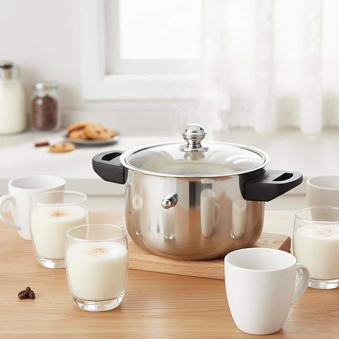 See Through lid Milk Boiler 67 oz/2000 ml Pot, Stainless Steel Double Wall Milk Cooker with Whistle and Funnel, Silver