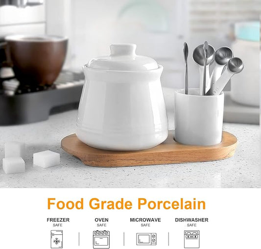 Nucookery Porcelain Sugar Bowl Set – 14 Ounce Large Sugar Jar with Lid and Measuring Spoon – Deluxe Salt Bowl with Spoons – Practical Design with No Notch Lid – Elegant Salt Container White