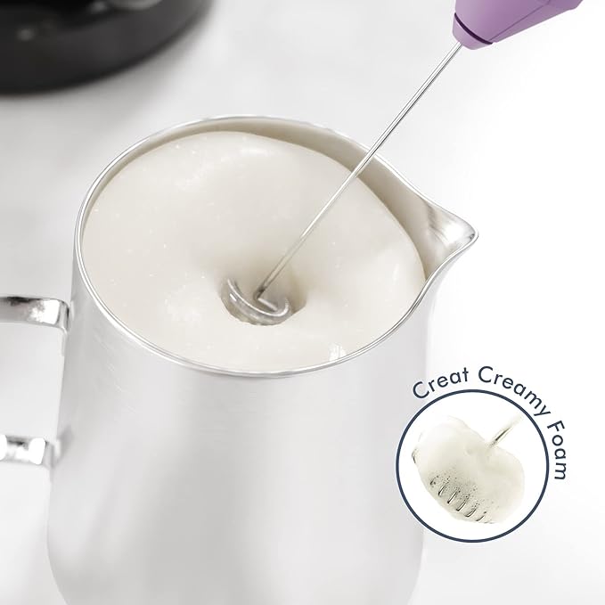 Powerful Milk Frother Handheld Foam Maker, Mini Whisk Drink Mixer for Coffee, Cappuccino, Latte, Matcha, Hot Chocolate, With Stand, Light Purple