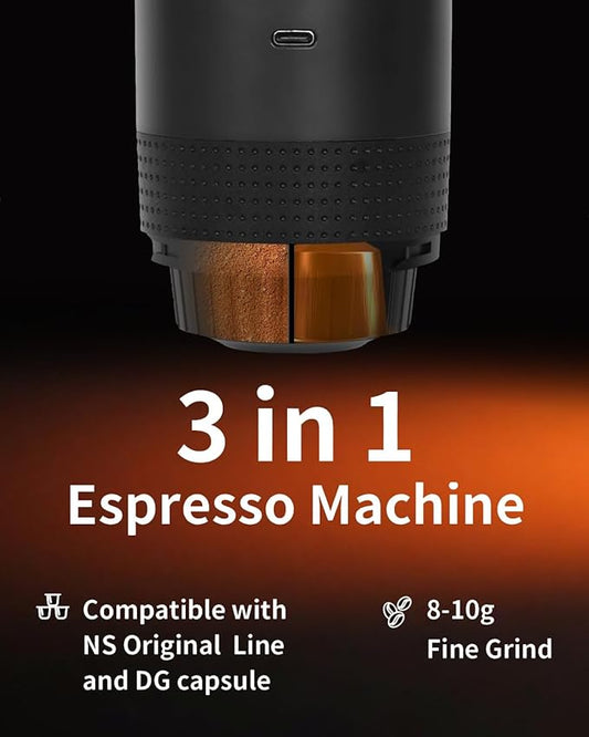 Portable Electric Espresso Machine, Car Coffee Maker for Travel Camping, Battery Powered Coffee Brewer Compatible with Ground Coffee & NS Capsules, Black