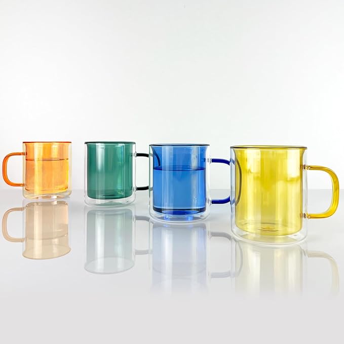 Cloudnola 12.85oz Double Wall Insulated Mugs, High Heat Borosilicate Glass, Set of 4, Multicolored Set, for Coffee, Latte, Tea, Cappucino, Hot Chocolate