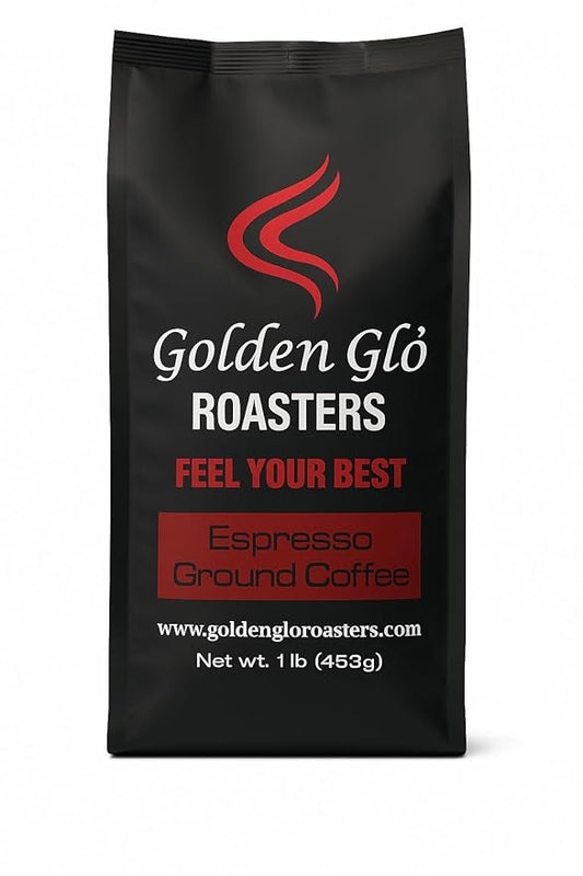 Golden Glo Roasters Ground Bean Espresso Coffee, Dark Roast, Rich Bold Flavor • Small Batch Roasted • Specialty Coffee, 1 lb