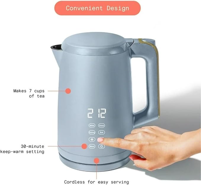 Electric Gooseneck Kettle 1 Liter 1200W, Stainless Steel, Pour Over Coffee Tea, Auto Shut-Off, 360° Cordless Power Base (Cornflower Blue 1.7L)