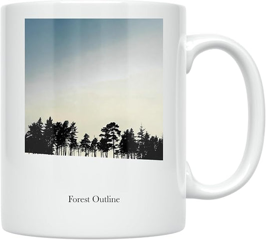 Nature Lover Coffee Mug - Minimalist Forest Outline Silhouette - 11 oz White Ceramic - Elegant Design
