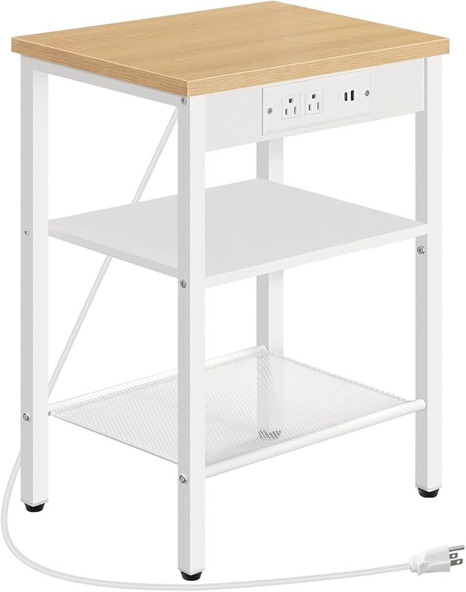 HOOBRO Side Table with Charging Station and USB Ports, Small End Table for Small Space, 3-Tier Nightstand with Adjustable Shelf, for Living Room, Bedroom and Balcony, Natural and White WN112BZ01