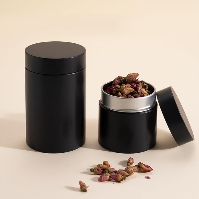 3 Packs Tea Tin Canister for Loose Tea Metal Tea Canister 9 oz 15 oz Round Tin Can for Coffee Beans Tea Container for Kitchen Storage Sugar Matcha Spice Powder (Black, L_2.95x4.92)