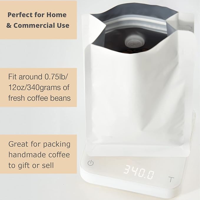 12oz 50pcs High Barrier Wihite Coffee Bags with Aluminum Foil Liner, Resealable Coffee Pouches with Degassing Valve, Ziplock Food Storage Bags with Pull Tape, 12oz/0.75lb/340gram, Pack of 50