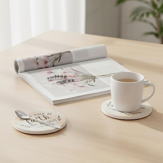 Christian Coasters Set of 6 with Holder– Ceramic Absorbent Drink Coasters for Coffee Table Desk, Modern Cute Moisture Absorbing Coasters, Christian Gifts Alternative to Cork, Silicone or Glass Coaster