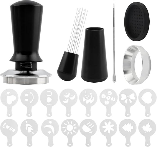 21 PCS Espresso Accessories Kit, Espresso Tamper Set with 51mm Coffee Tamper, WDT Tool, Tamper Mat, Dosing Funnel, Coffee Stencils, Latte Art Pen, Barista Tools, Espresso-Accessories(COLOR:Black)