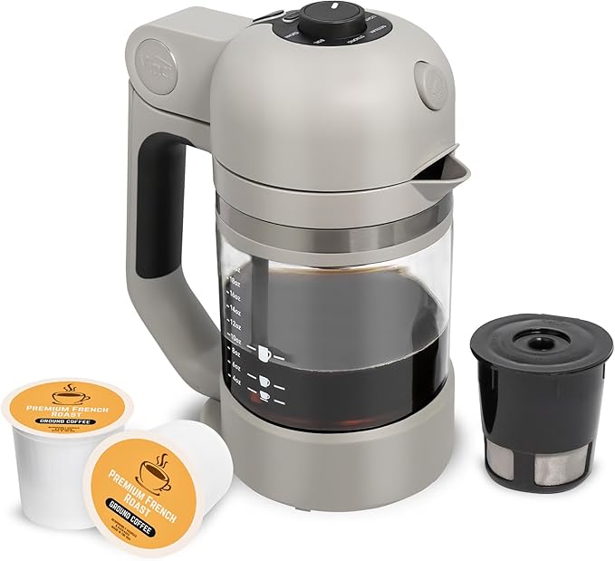 VINCI Micro Café Smallest Single-Serve Coffee Brewer | Compatible with Keurig K-Cups, K-Pods | Glass Carafe | Enclosed Brewing for Hotter Coffee | Large Capacity Reusable Filter Cup Included (Gray)