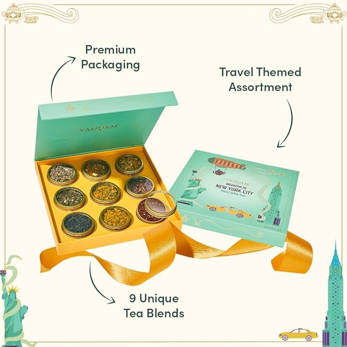 VAHDAM, Weekend In New York Tea Gift Set Travel Edition Gift Box | 9 Varieties - Green, Herbal & Black Tea | Gluten Free, Non GMO | Valentines Day Gifts for Him & Her