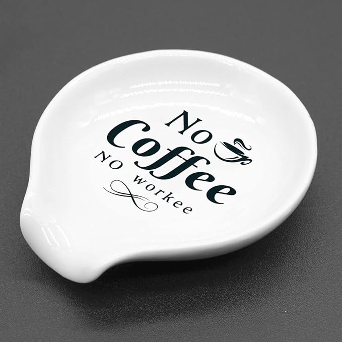 Funny Coffee Quote Ceramic Coffee Spoon Holder-Coffee Spoon Rest -Coffee Station Decor Coffee Bar Accessories-Coffee Lovers Gift for Women and Men (No Coffee No Workee)