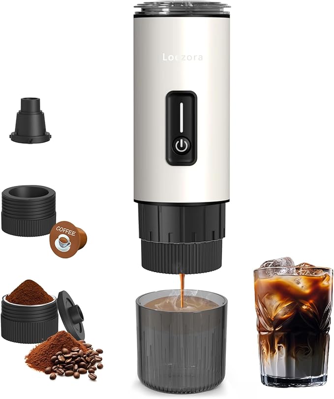 Leozora Portable Espresso Maker, 20Bar Professional Pressure, Stainless Steel Body, 7500mAh USB-C Rechargeable, 3-in-1 for Ground Coffee & Nespresso/DG Capsules, Ideal for Camping, Car, Office, White