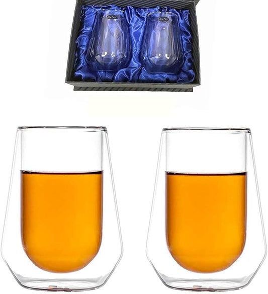 Amlong Crystal Double Wall Glass Whiskey Glasses, Classic Scotch Whiskey Glasses, Vodka Rocks Glasses, Lowball Glasses for Liquor, 8 oz., Set of 2