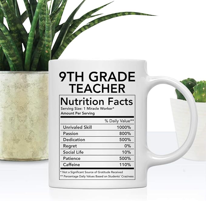 Andaz Press Funny 11oz. Ceramic Coffee Tea Mug Thank You Gift, 9th Grade Teacher Nutritional Facts, 1-Pack