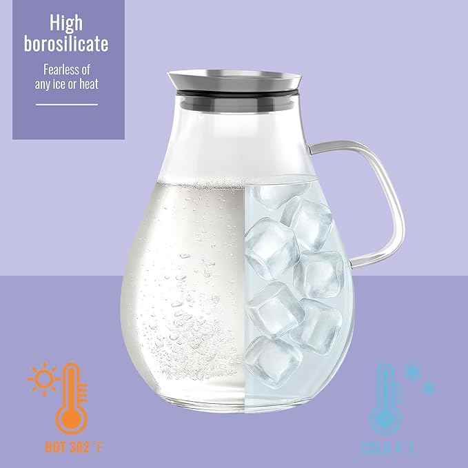 Glass Pitcher With Lid, 2.5 Liter 85 oz Glass Water Pitcher For Fridge, 0.66 Gallon Pitchers With Handle And Lid, Tea Jug Carafe Jar For Hot/Iced Water Milk Juice Coffee Fruit