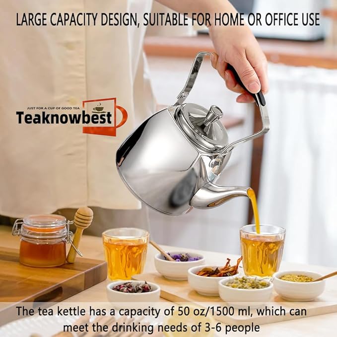 Stainless Steel Teapot with Infuser, Loose Leaf Tea Pot 50oz, Stovetop Safe Tea Kettle, Dishwasher Safe (1500ml)