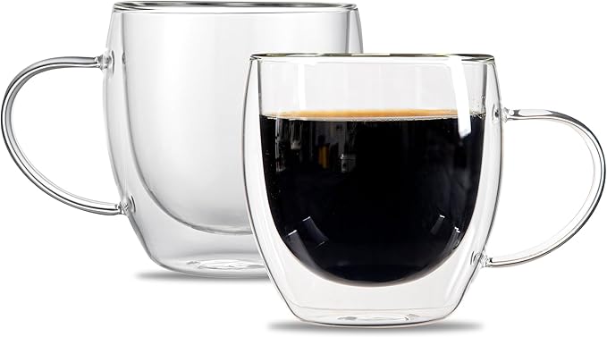 Restaurantware Coffee Cup 12 Pack of 8.45 oz Insulated Double-Wall with Handle Glass Borosilicate Coffee Cup Espresso Shot Dishwasher Safe For Hot Drinks