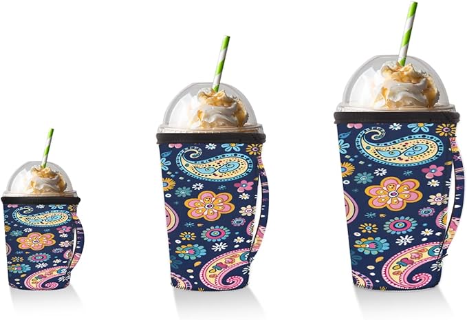 Reusable Iced Coffee Cup Sleeve Paisley Neoprene Insulated Sleeves Cup Holder with handle Idea for 16oz - 18oz