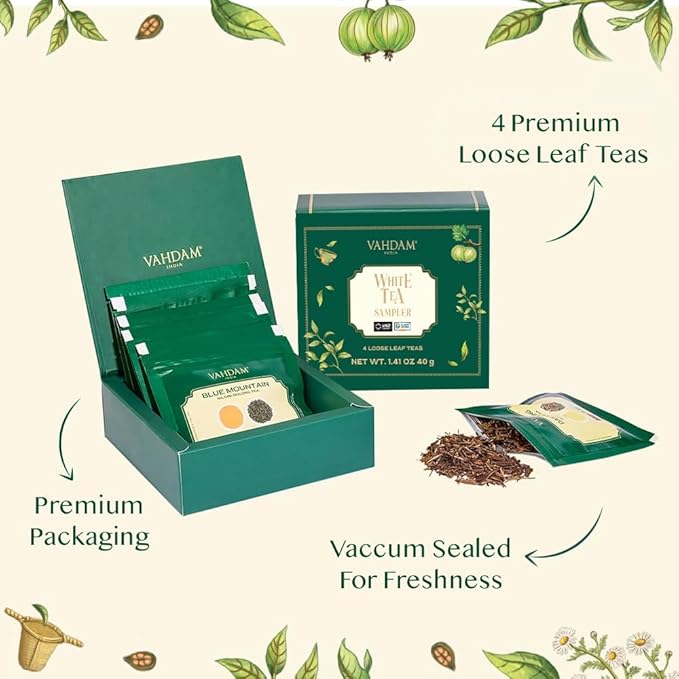 VAHDAM, Assorted White Tea Sampler Gift Set, Gluten Free, Non GMO - 4 Unblended White Loose Leaf Tea Sampler | Tea Variety Pack | Valentines Day Gifts Set for Him & Her