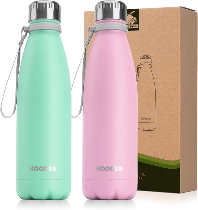 koodee Kids Insulated Water Bottle 2 Pack-17 oz Stainless Steel Double Wall Vacuum Sports Water Bottle for School, Cola Shape Leak Proof Travel Flask for Girls (Aquamarine Blue-Purple Pink)