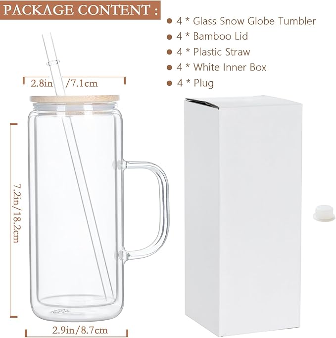 20 Oz Glass Snow Globe Tumbler with Handle, 4 Pack Pre-Drilled Double Wall Snowglobe Cup Coffee Mug for DIY Glitter Snow Globe, Outside 20 Oz Inside 16 Oz