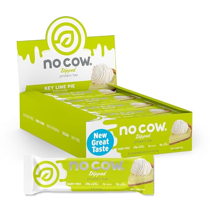 No Cow Vegan Protein Bars, Upgraded Key Lime Pie | 20g Plant Based Protein, Gluten Free, Dairy Free, Soy Free, Keto Friendly, Low Sugar, High Fiber Snack Bars | Pack of 12
