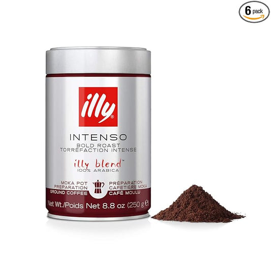 illy Ground Moka Coffee, Intenso Dark Roast, 100% Arabica, Premium Italian Coffee, Pre-Ground for Moka Pot or Stovetop Brewing, 8.8oz, 6 Pack