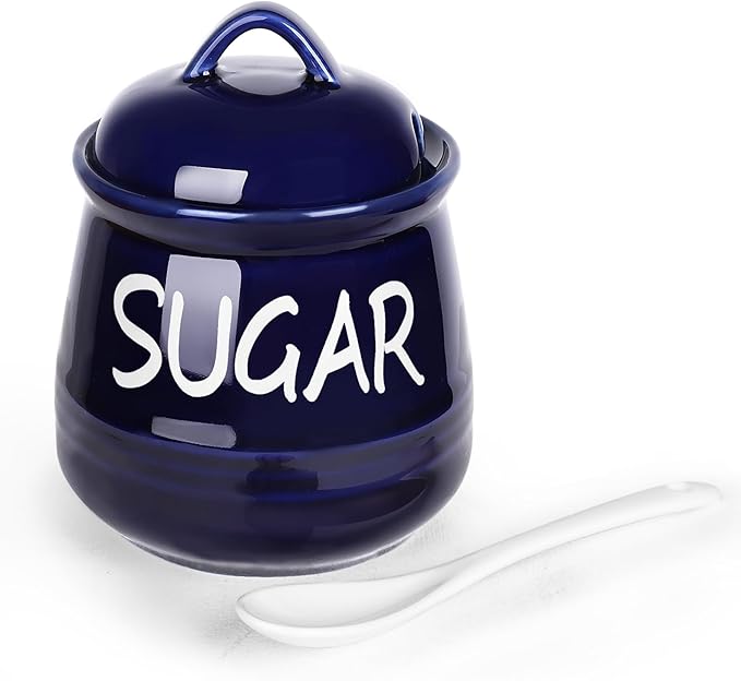 HAOTOP Porcelain Sugar Bowl with Lid and Spoon 12 oz (Navy)