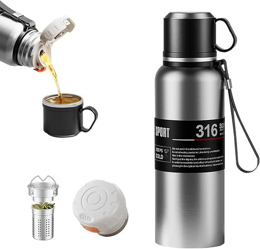 Double wall vacuum Leakproof stainless steel wide mouth insulated water bottle;tea tumbler with tea strainer infuser basket,cup and lid; travel coffee thermoses hot drinks;portable cold thermal flask