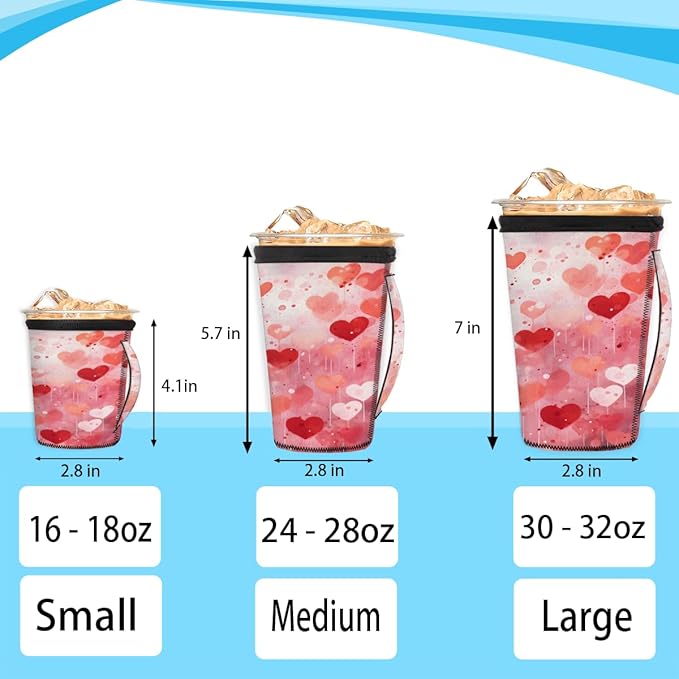 Valentine's Day Hearts Reusable Coffee Sleeves Iced Coffee Cozy Insulator,Love Dream Neoprene Holder with Handle for Cold Coffee or Ice Drink, Large 30-32oz