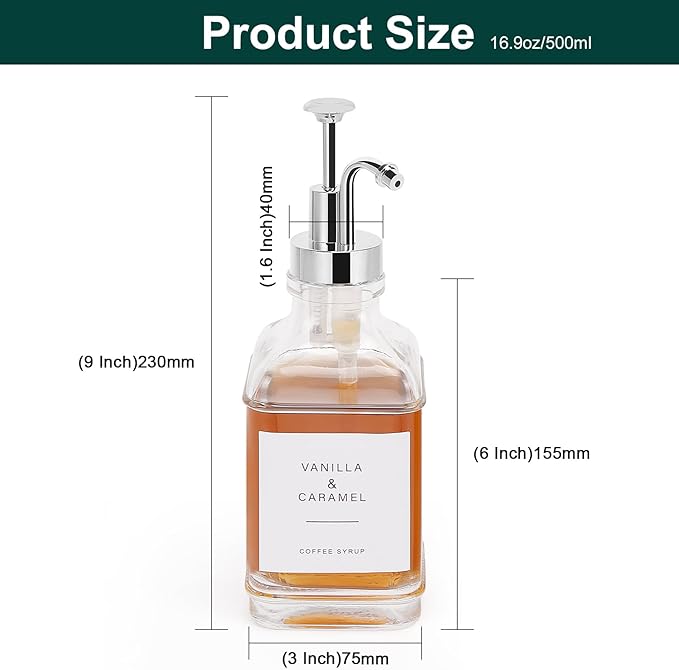 Coffee Syrup Dispenser for Coffee Bar, Clear Glass Syrup Bottles with Pump, Refillable Maple Syrup Storage, Coffee Station Accessories and Organizer, 500ml, Set of 2 (Chrome Finish)