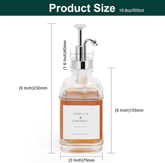 Coffee Syrup Dispenser for Coffee Bar, Clear Glass Syrup Bottles with Pump, Refillable Maple Syrup Storage, Coffee Station Accessories and Organizer, 500ml, Set of 2 (Chrome Finish)