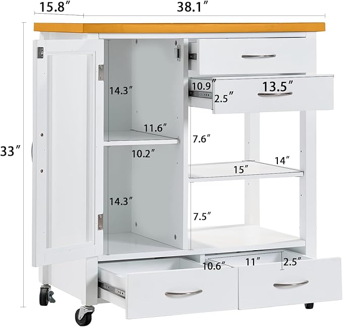 Kitchen Island Cart with Storage - Portable Bar Rolling Storage Cabinet on Wheels, Cart Side Table with Walnut Wood Top, Drawers, Sideboard Buffet with Towel Bar, Dinning Room, White