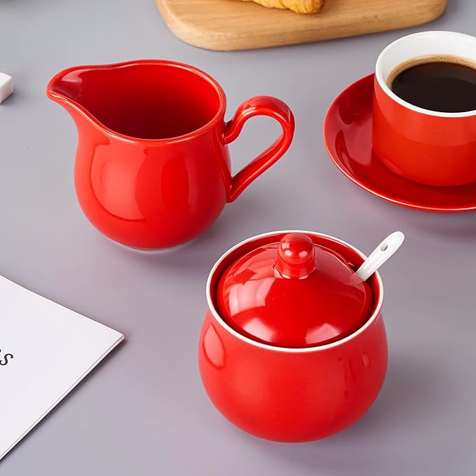 12 OZ Ceramic Sugar and Creamer Set, Coffee Serving Set, 3 Piece Cream Pitcher Sugar Bowl with Lid and Spoon (Red)