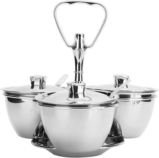 Stainless Steel Sugar Bowl, Seasoning Jar Container, Rotating Condiment Jar Rack Set with Cover for Kitchen Countertop Cabinet