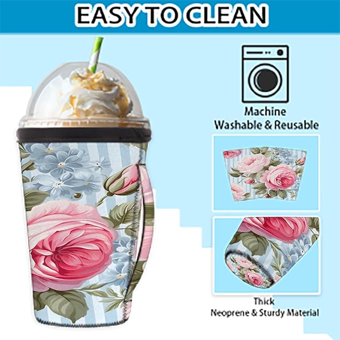 Reusable Iced Coffee Cup Sleeve Rose Blue Stripes Neoprene Insulated Sleeves Cup Holder with handle Idea for 30oz - 32oz