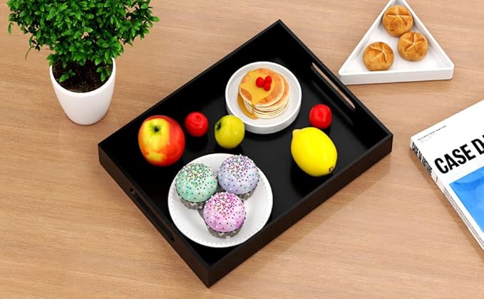 NIUBEE Black Serving Tray 12x16 Inches - Spill-Proof Acrylic Organizer with Handles for Coffee Table, Ottoman & Countertop | Decorative Tray for Breakfast in Bed, Drink Serving & Home Organization