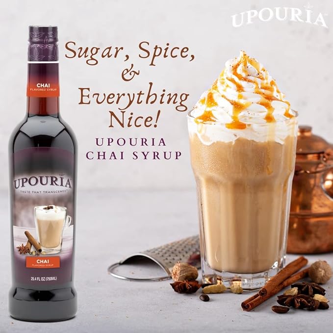 Upouria Chai Syrup Flavoring, 100% Vegan, Gluten-Free, Kosher, 750ml bottle (Pack of 2) with 1 Syrup Pump